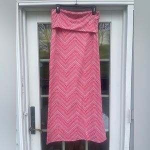 Pink and tan maternity maxi skirt. Chevron pattern.
